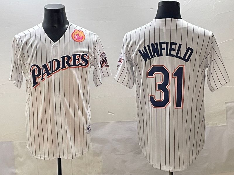 Men 2025 San Diego Padres #31 Winfield White Stripe Throwback Game Nike MLB Jersey style 7